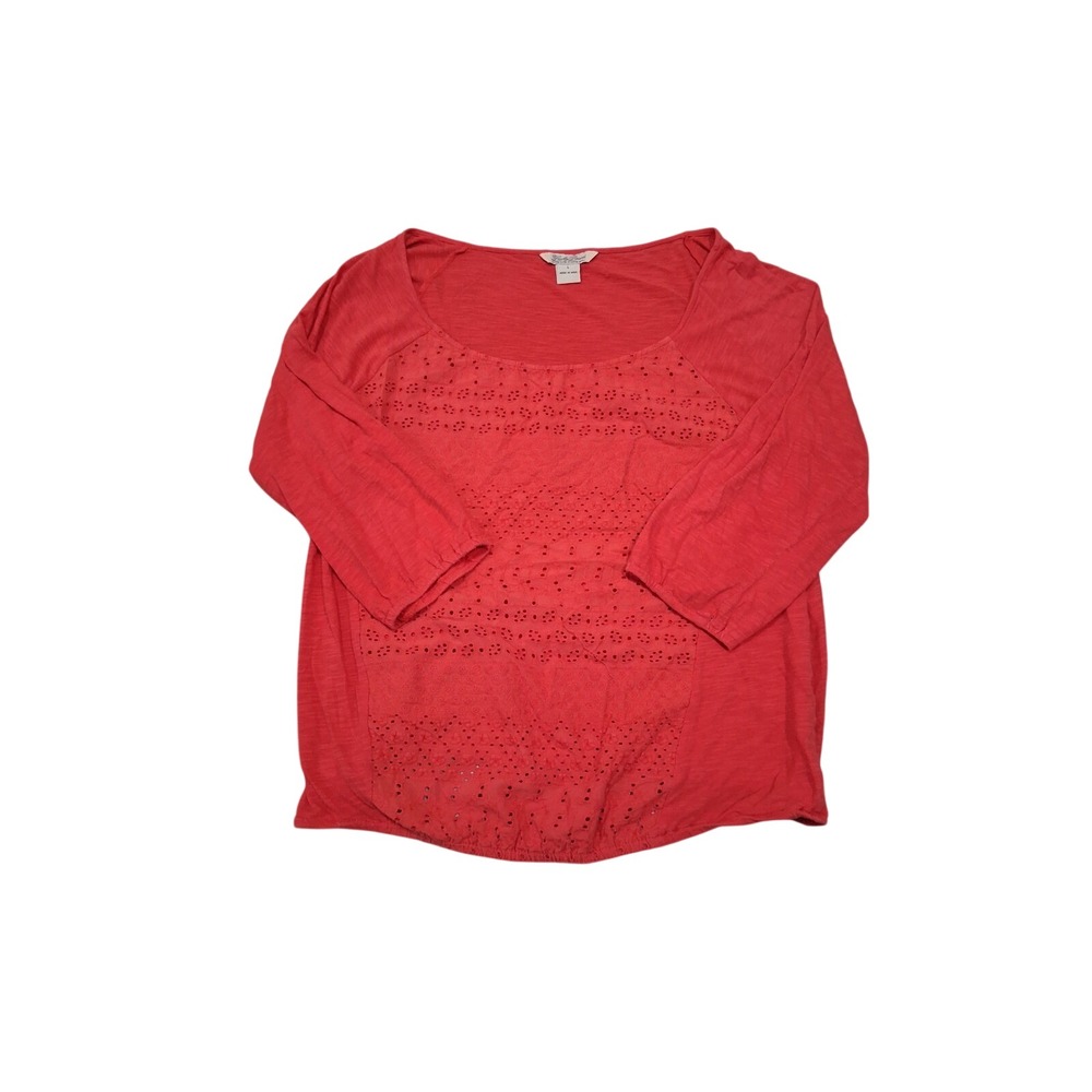 Lucky Brand Womens Coral Red Eyelet Embroidered 3/4 Sleeve‎ Slub Knit Top Large